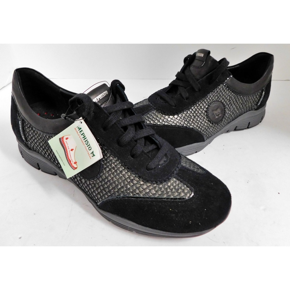 Mephisto Yael Sneakers Womens Size 8 Black Monaco Metallic Gold Suede Shoes NEW